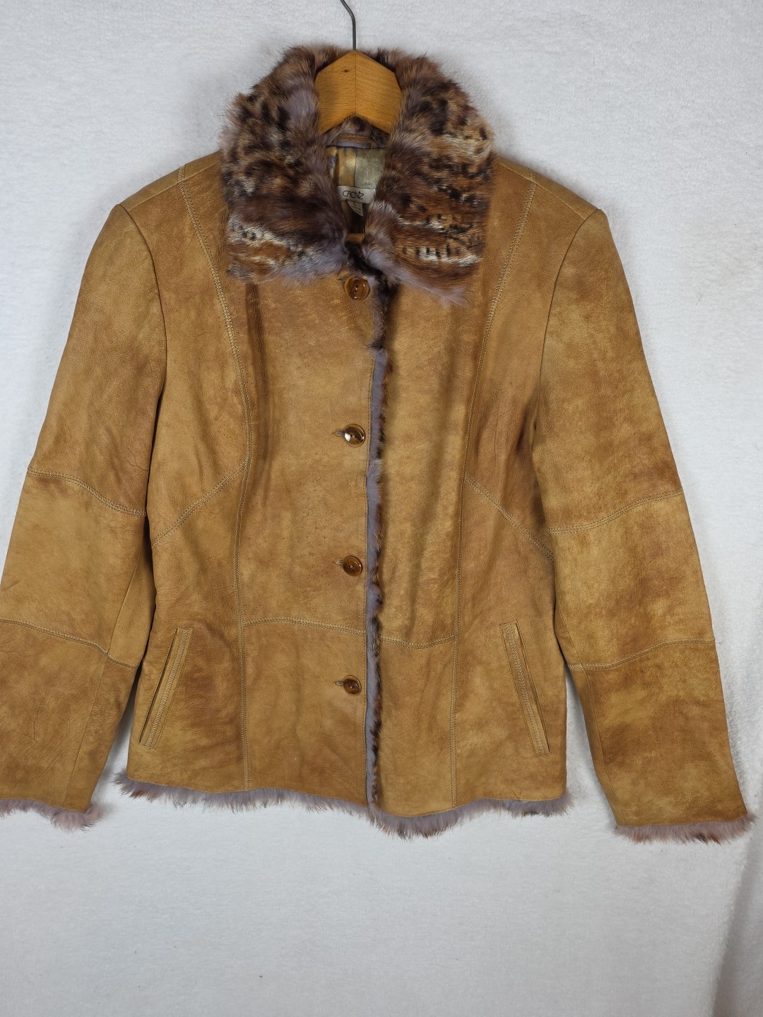Cache Women\'s Patchwork Leather Fur Collar Fur Lining Jacket Brown Size L Large 