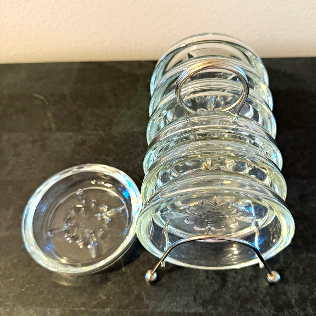 Vintage princess house Clear Glass Fleur de Lis coaster set of 7 w/ caddy
