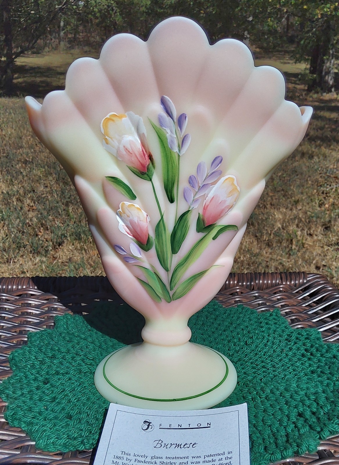 Fenton Burmese Glass Fan Plume Vase Museum Collection 2004 Hand Painted 8\