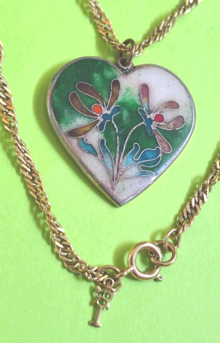 Vintage ROBERT KUO Enameled Cloisonne Pendant & TRIFARI Gold Tone Necklace