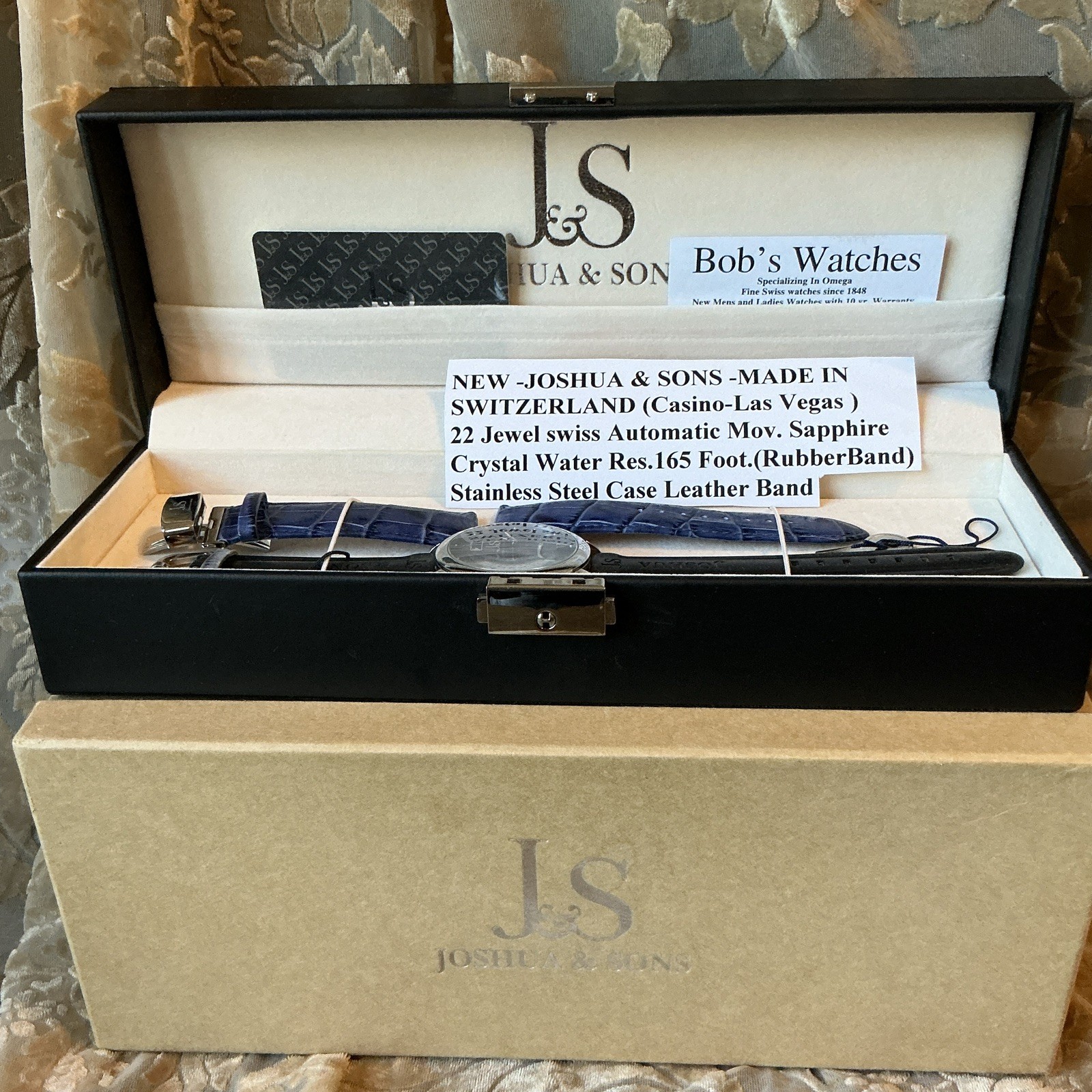 Joshua & Sons Casino-Las Vegas Auto 22J Blue Dial Date 45mm 50m Box 
