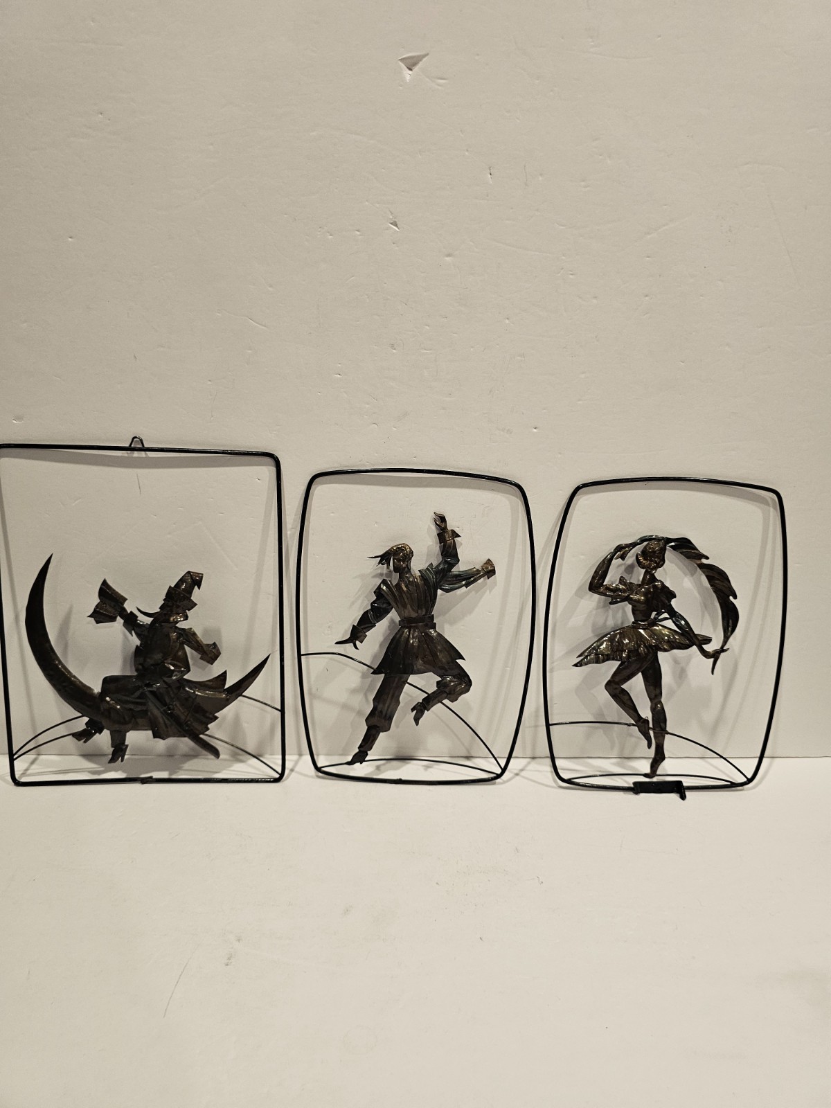 Vintage 3 dark metal wall-art brutalist silhouette sculptures - dancers & rider Vintage 3 dark metal wall-art brutalist silhouette sculptures - dancers & rider