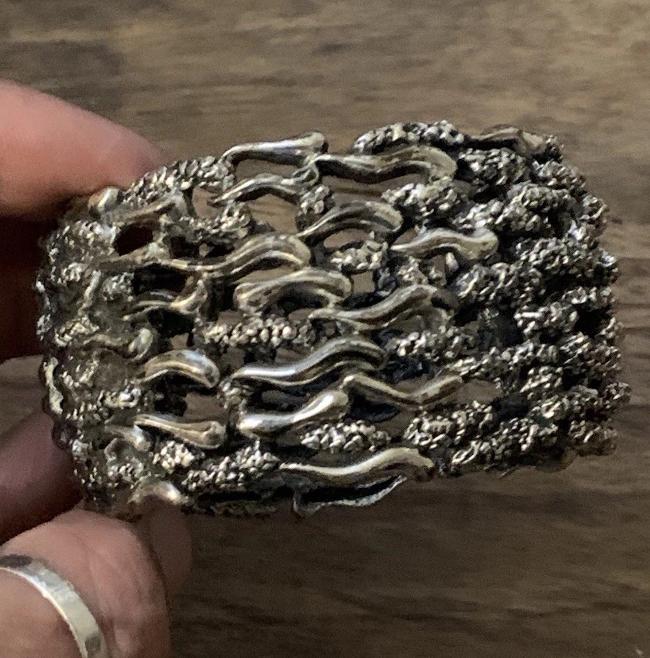 VTG Signed TORTOLANI Heavy Sculpted Brutalist Silver Tone Wide Cuff Bracelet