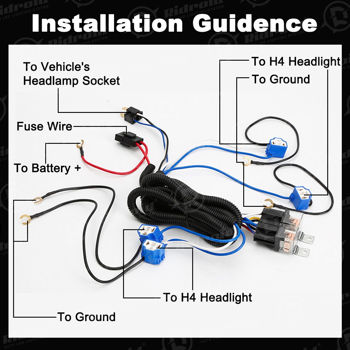 4-Headlight Relay Wiring Harness H4 Headlamp Light Bulb Ceramic Socket Plugs Set