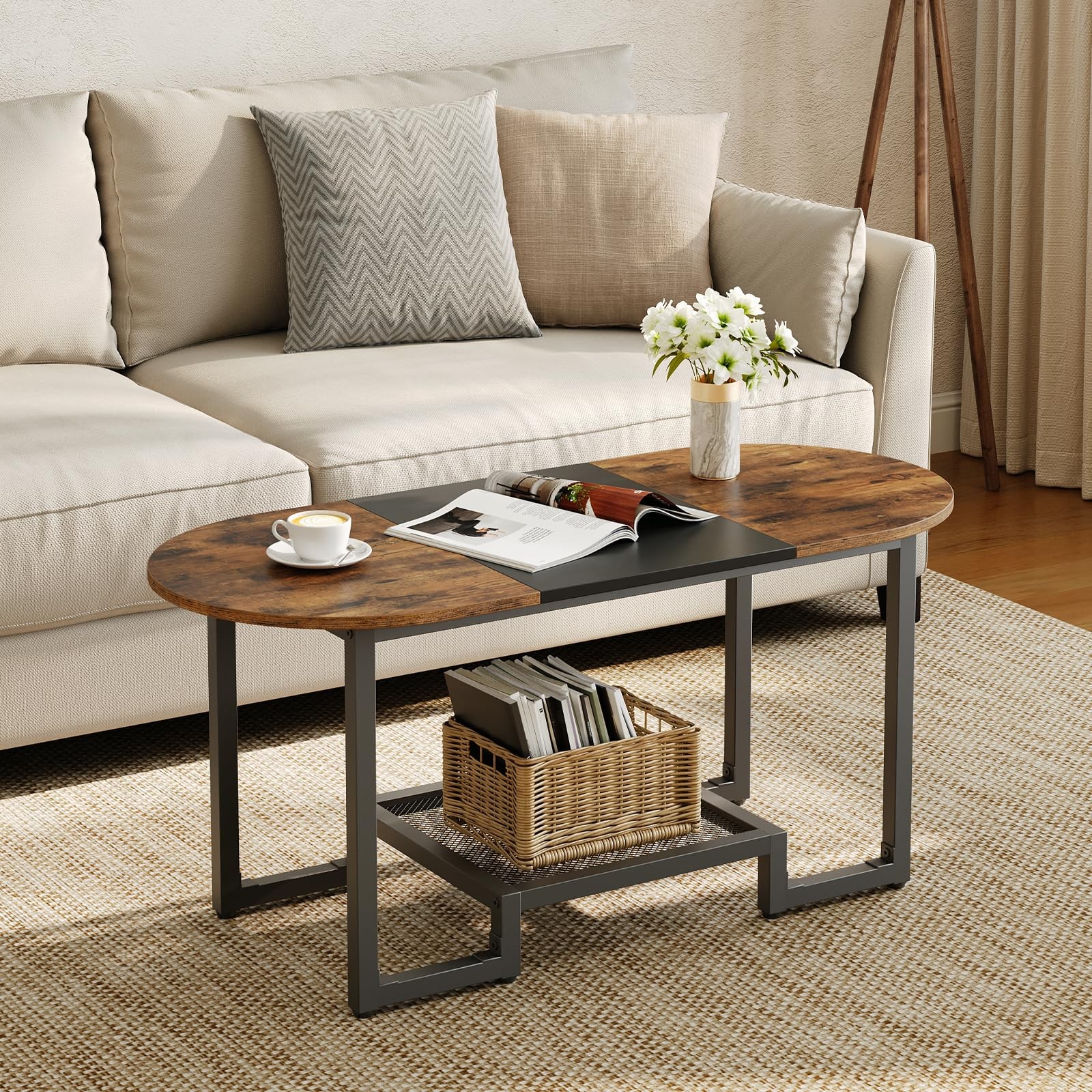 HOOBRO Coffee Table, Oval Small Coffee Table with 2-Tier Storage Shelf, Narro...