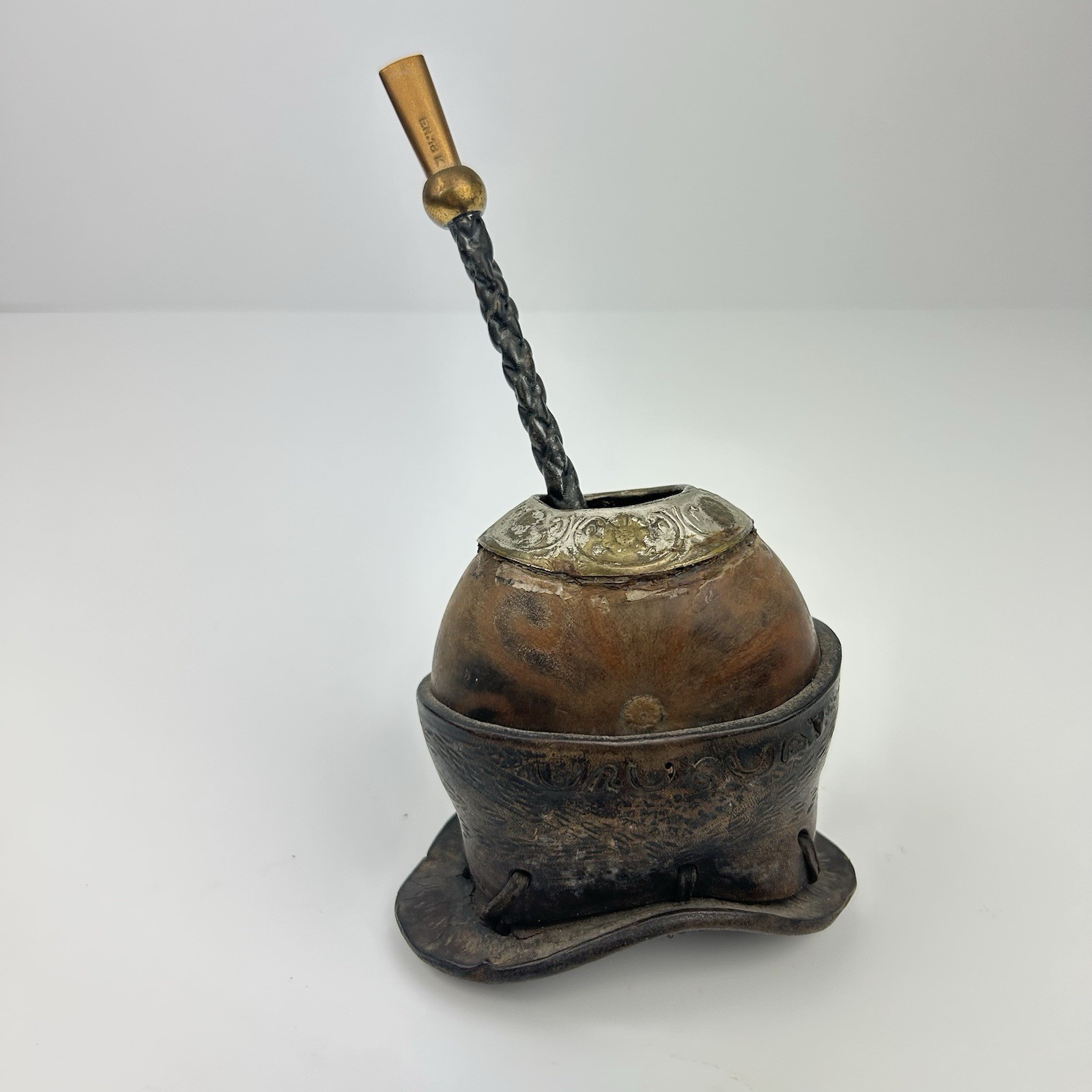 Vintage Argentinian Yerba Mate Gourd & Alpaca Silver Bombilla 18K Gold Rim Straw