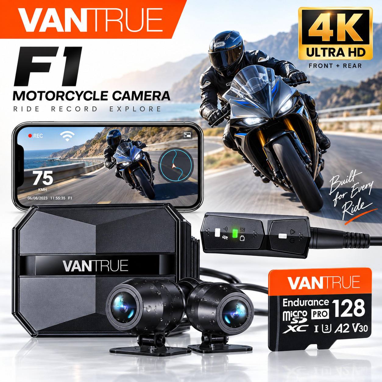 Vantrue F1 4K Motorcycle Dash Cam Front Rear GPS WiFi Night Vision + 128GB SD ca