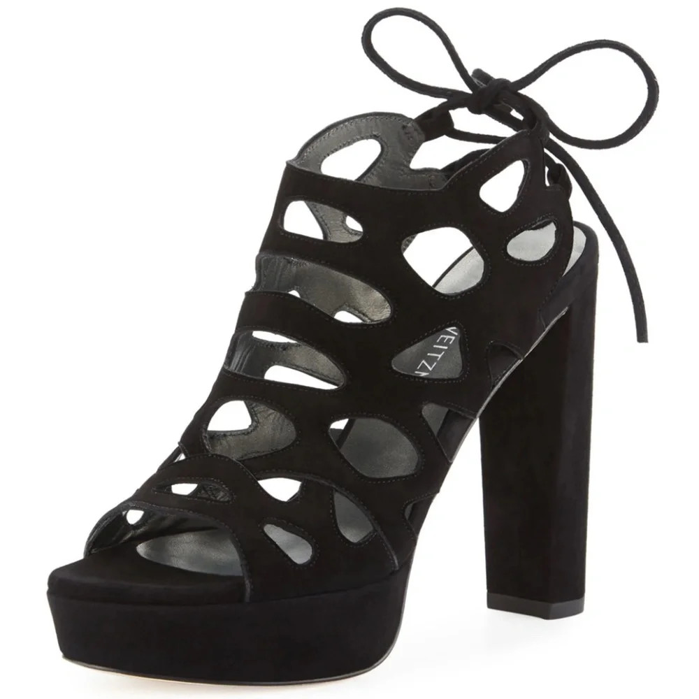 Authentic Stuart Weitzman Wildcat Stomp Laser-Cut Suede Platform Sandals Sz. 9.5