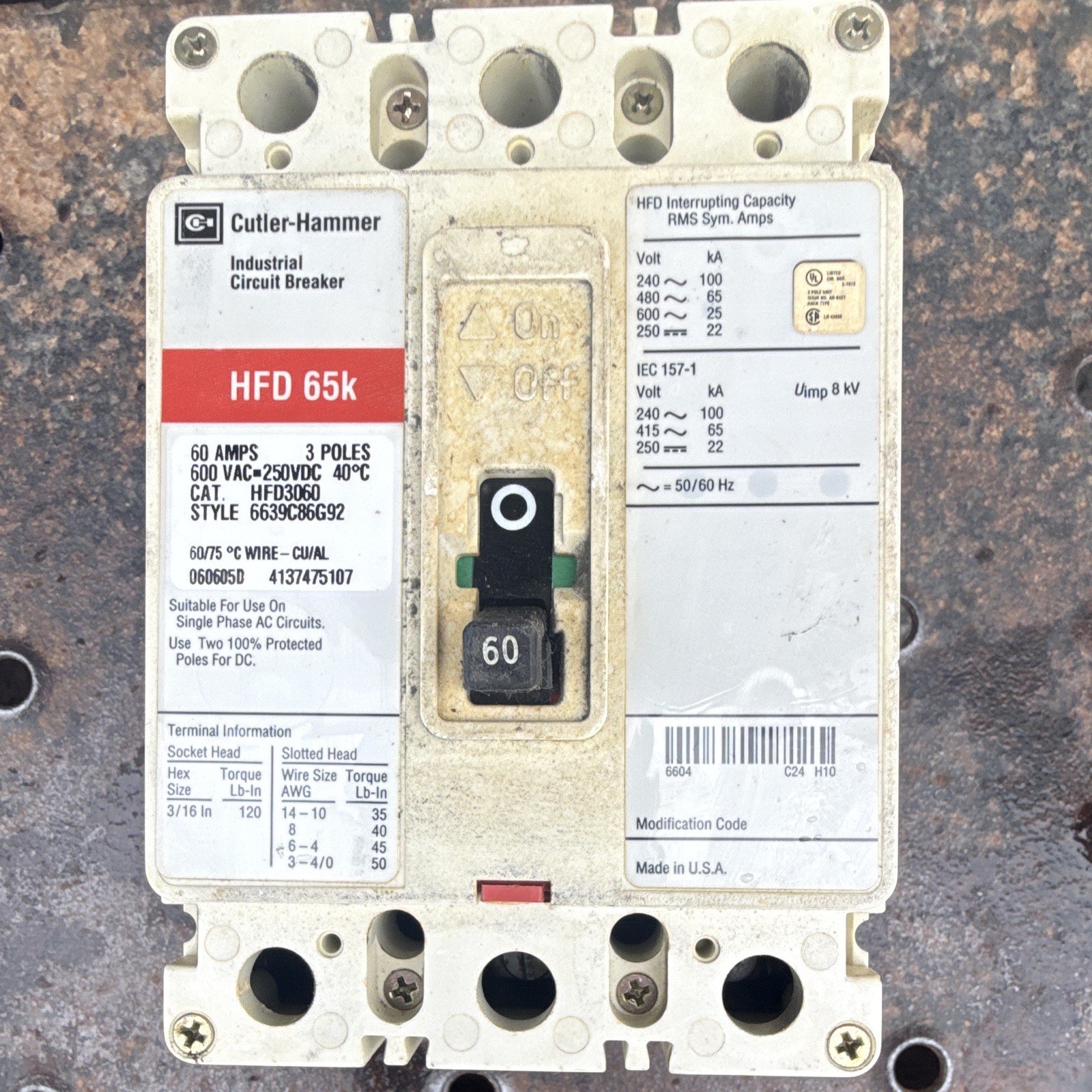 Cutler-Hammer HFD3060 HFD 65k Circuit Breaker 60A 3-Pole 600VAC 65kA