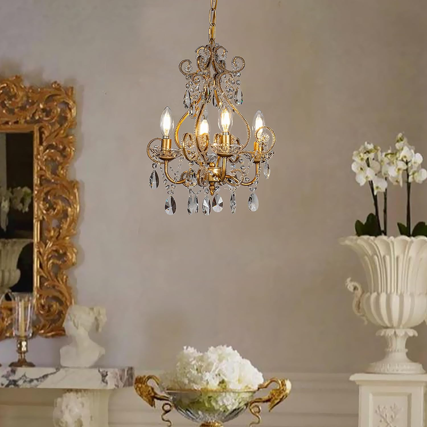Antique Gold 4-Light French Country Chandelier with Crystal Beads for Home