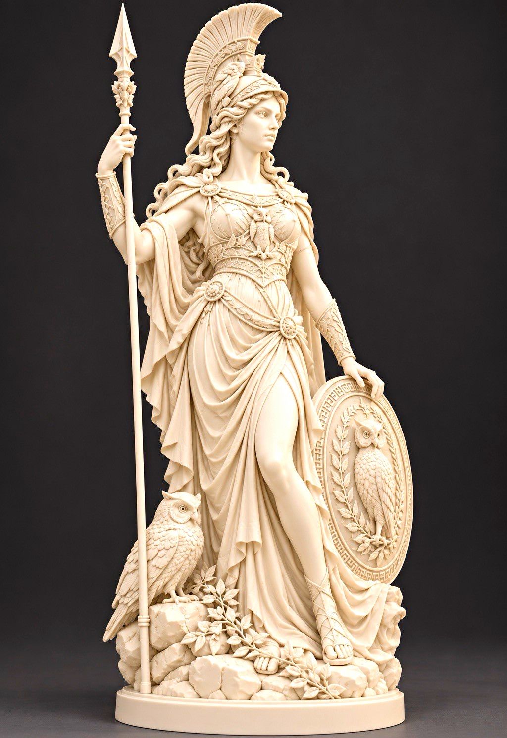 Athena Goddess Statue – Spear Shield & Owl Resin Greek Mythology 3D Printed 7 in