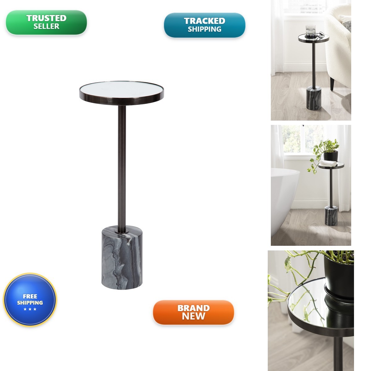 Kate and Laurel Hescott Drink Table 10x10x24 Gray Marble and Gunmetal Kate and Laurel Hescott Drink Table 10x10x24 Gray Marble and Gunmetal