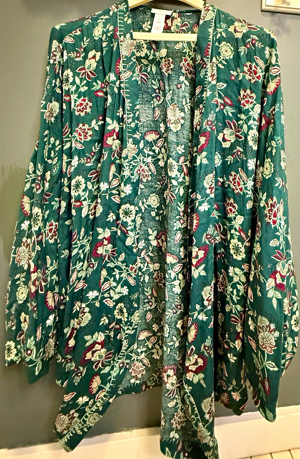 J. Jill Green Floral Open Front Long Sleeve Relaxed Cardigan Poncho S-L