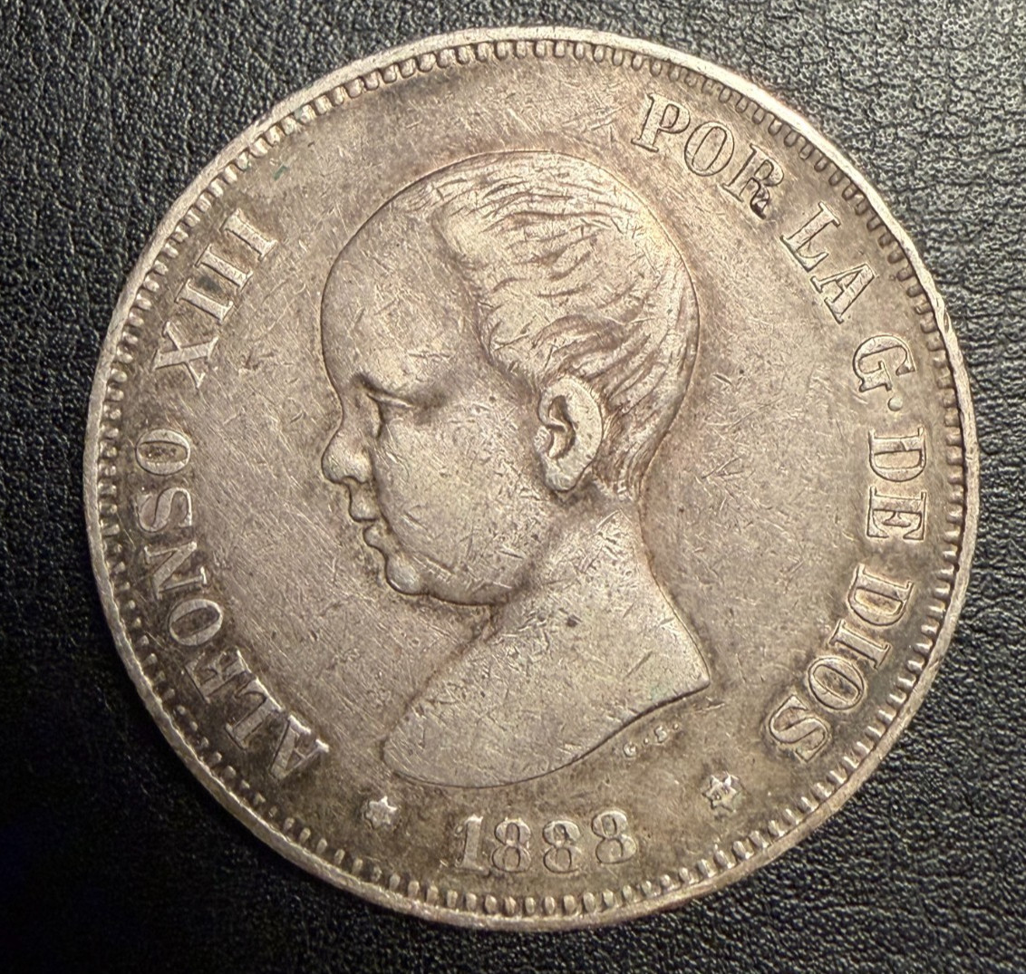 1888 Spain Alfonso XIII 5 Pesetas 18-88 MP-M .900 Silver Coin KM#689