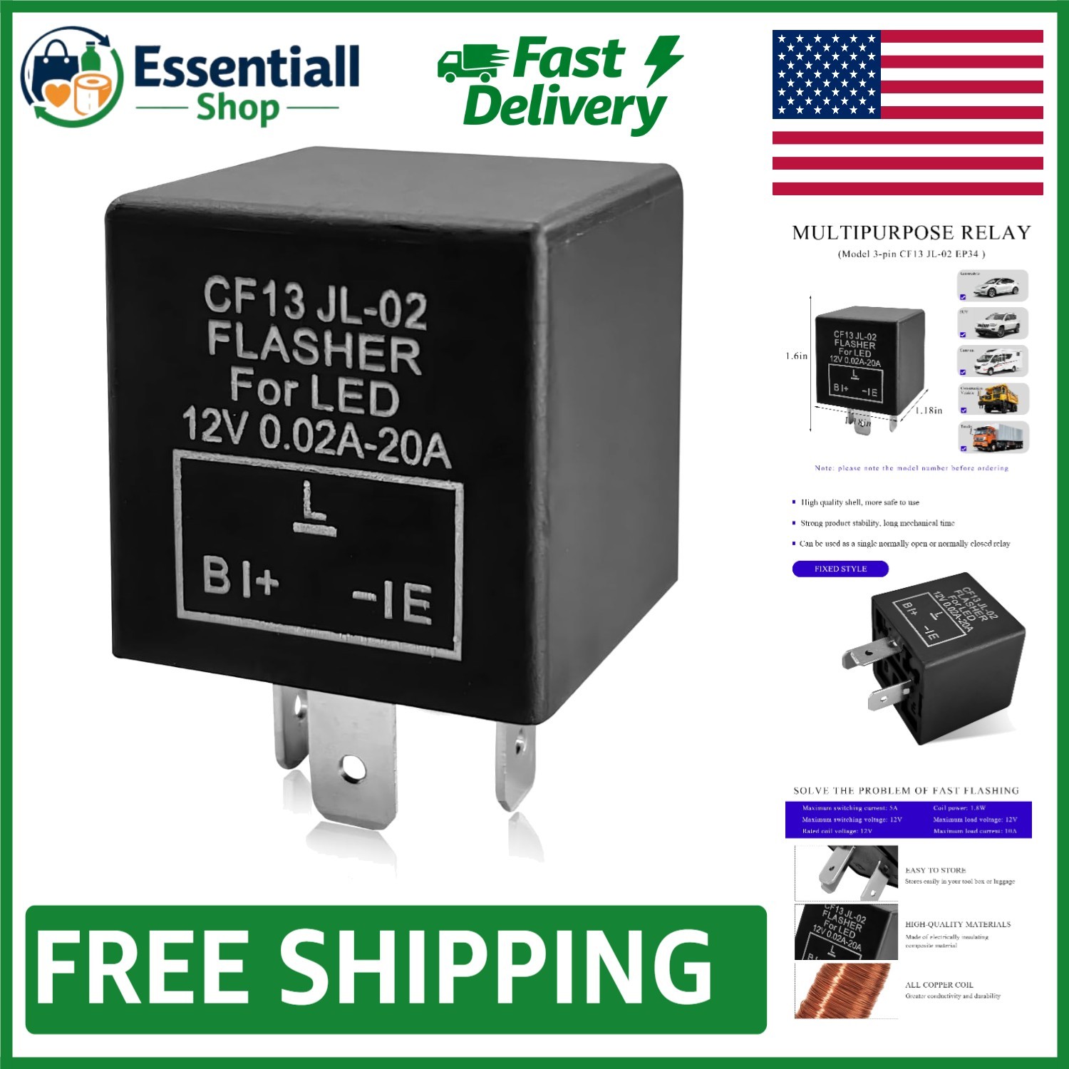 CF13 JL-02 3-Pin 12V Turn Signal Relay, Easy Plug-and-Play Installation, 1PCS
