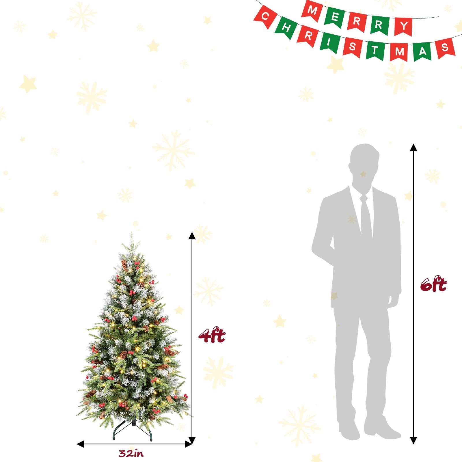 4-9ft Prelit Artificial Christmas Tree Snow Frosted with Pinecones & Red Berries