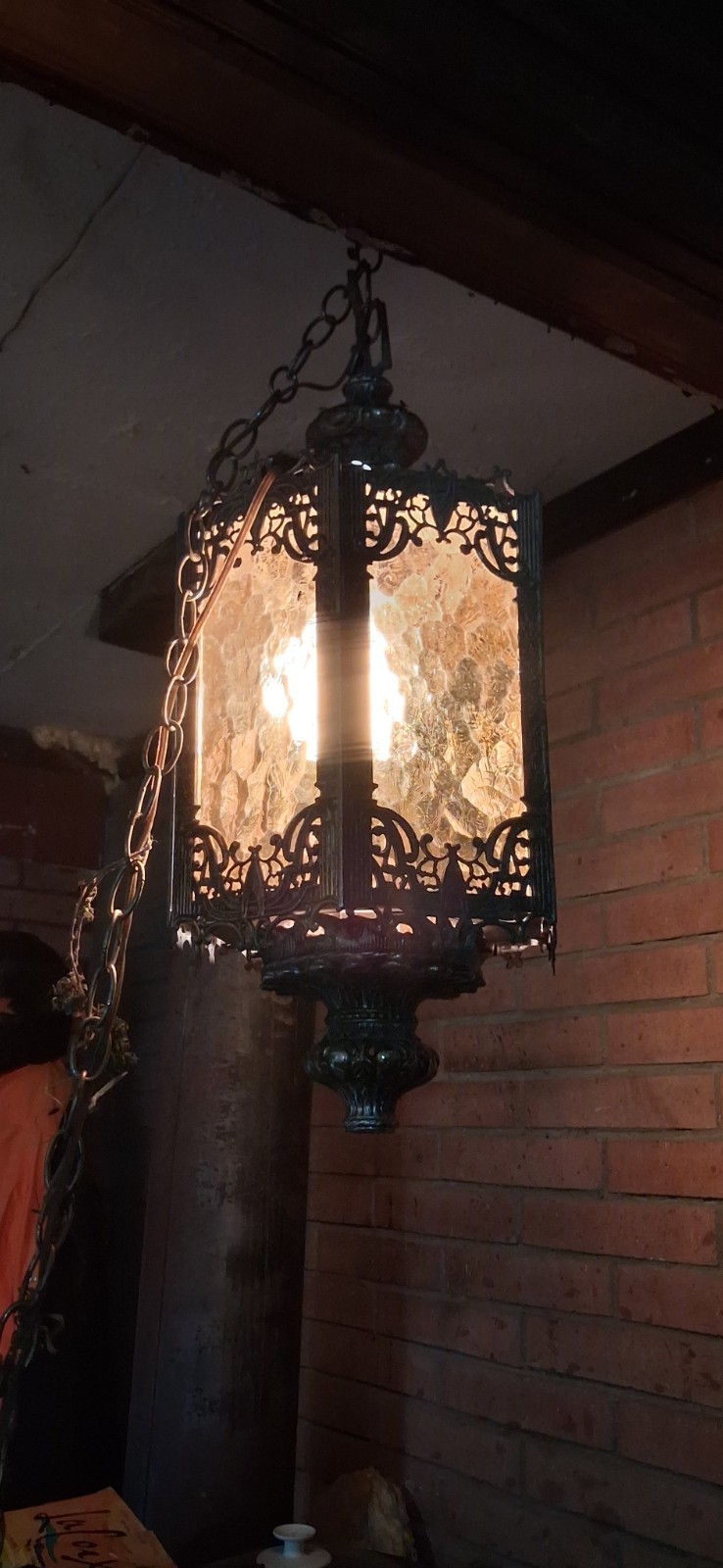 Vintage Amber Glass Hanging Lantern Pendant | Ornate Cast Metal Ceiling Light | Vintage Amber Glass Hanging Lantern Pendant | Ornate Cast Metal Ceiling Light |