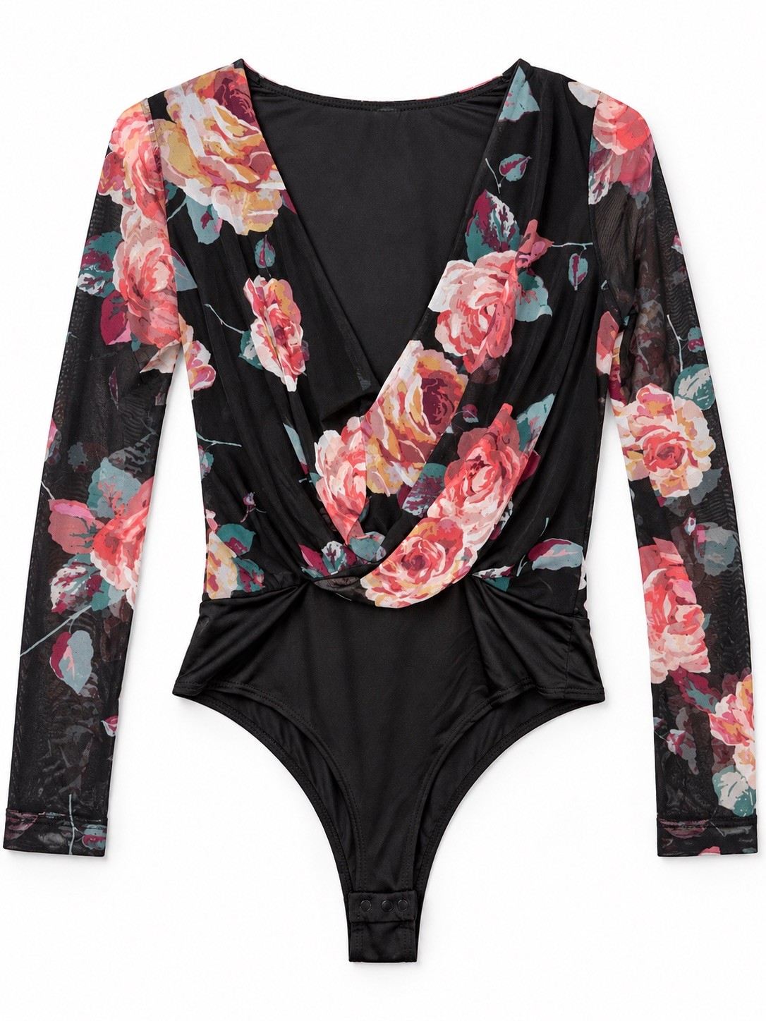 Windsor Women\'s Size Small Black Floral Mesh Long Sleeve Plunge Snap Bodysuit