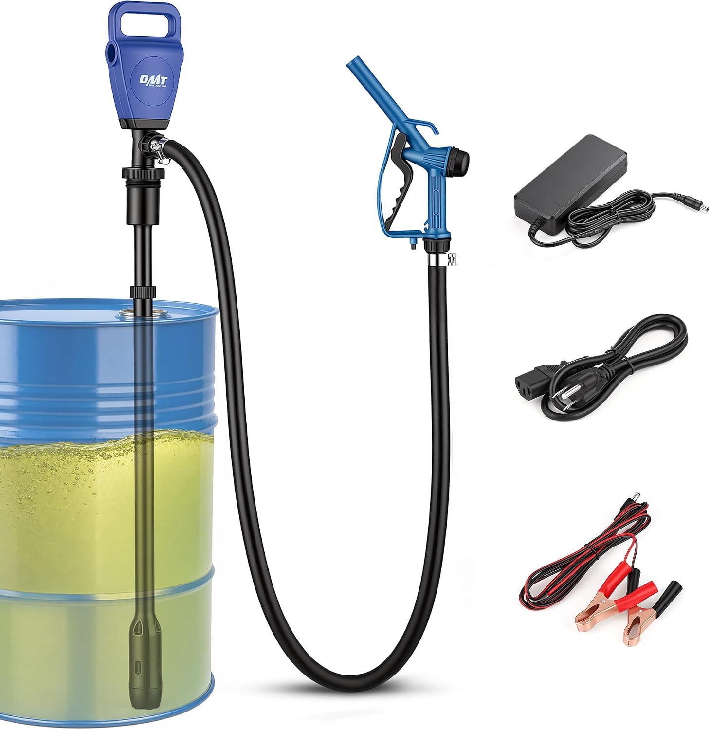OMT 7 GPM Electric Drum Barrel Pump, Dual Power AC 100–240V & 12V DC