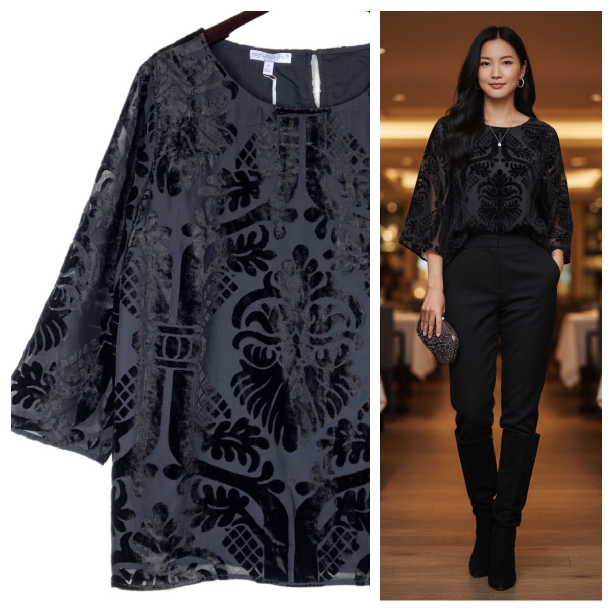 New RSVP Talbots XL 14 16 Top Tunic Shirt Black Velvet Velour Burnout Damask q New RSVP Talbots XL 14 16 Top Tunic Shirt Black Velvet Velour Burnout Damask q