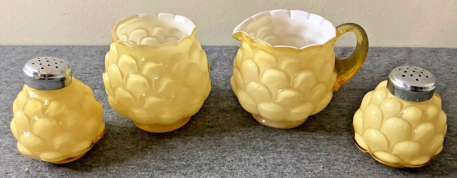 Fenton Jacqueline Honey Amber Artichoke Cased Glass Salt Pepper Creamer Sugar