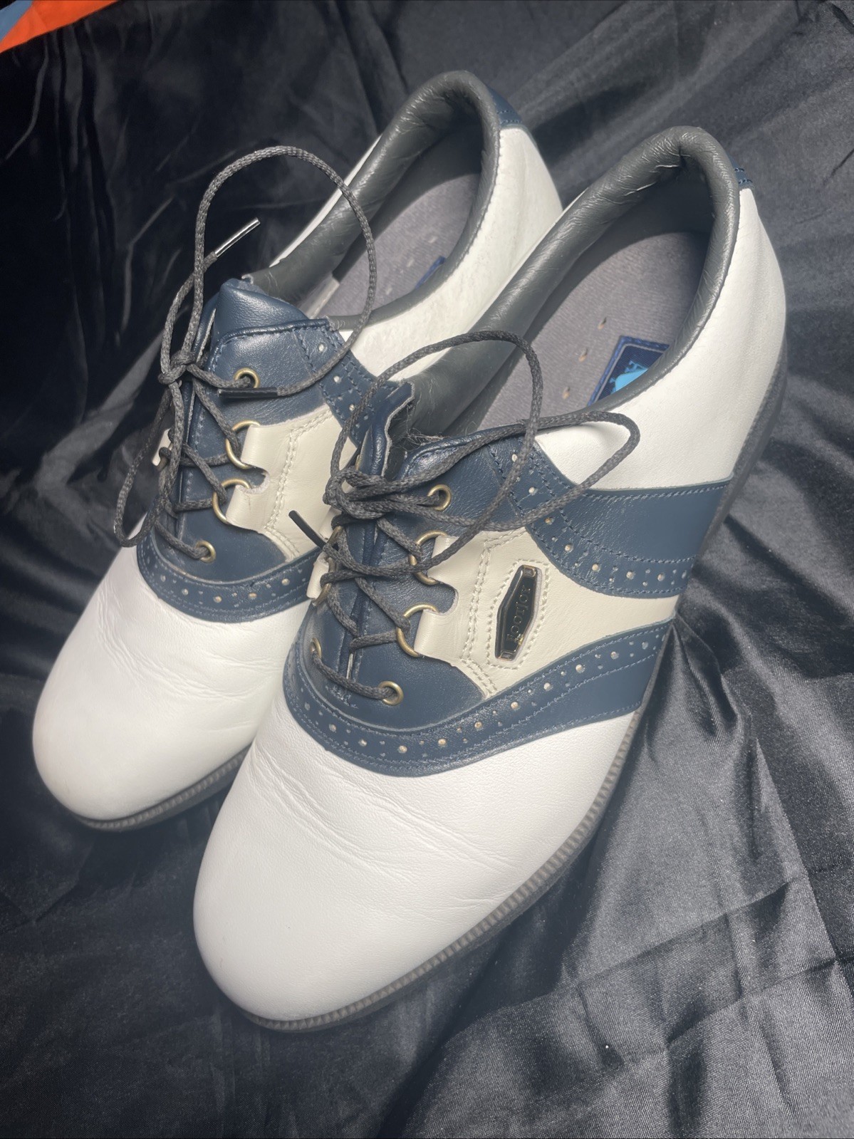 Aqualites Footjoy Men\'s Golf Shoes Size 8 White & Blue Soft Spikes Lace Up