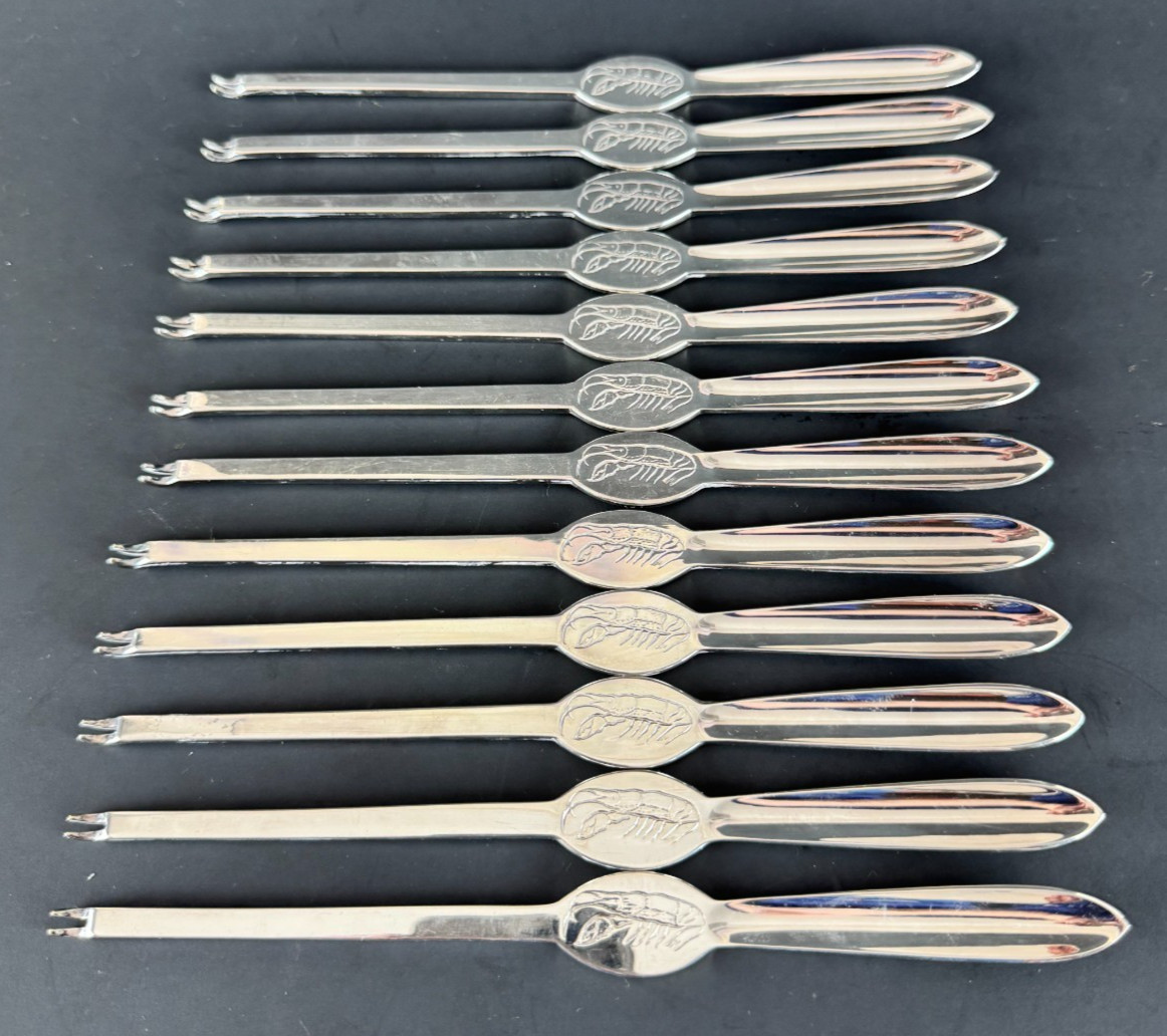Rare Asprey London Signed Set of 12 Fine Silver Plate Lobster Picks or Forks Rare Asprey London Signed Set of 12 Fine Silver Plate Lobster Picks or Forks