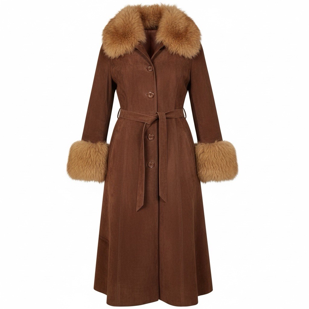 VTG 1970s Unbranded Penny Lane Style Brown Suede Coat Fur Collar Medium EUC