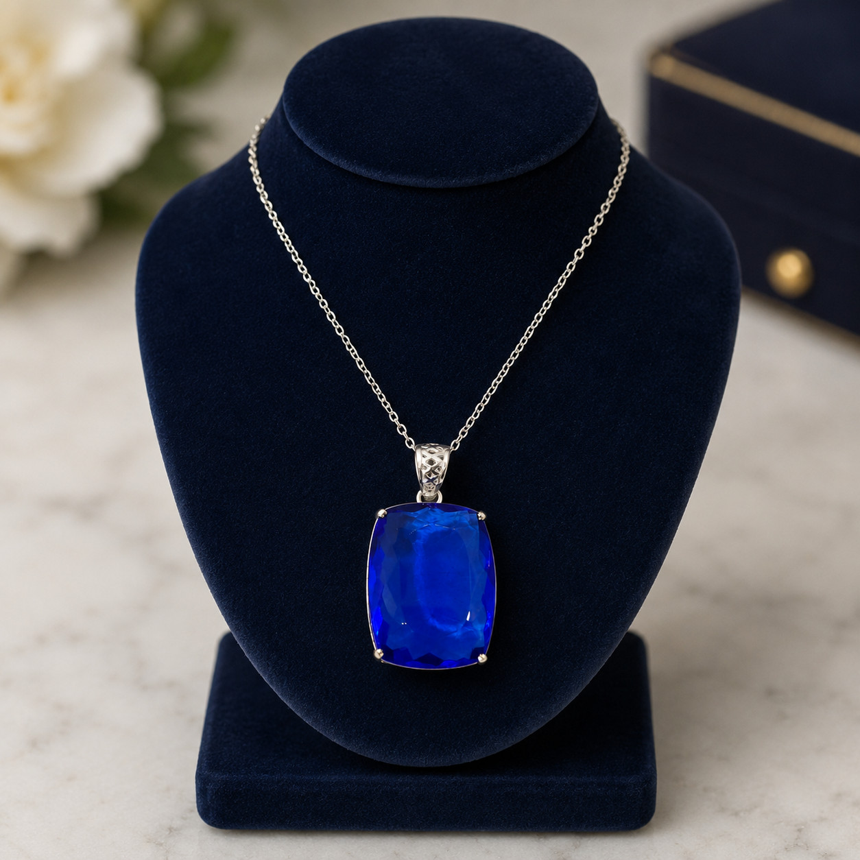 100-110 CT Blue Sapphire Cushion Cut Pendant Necklace, Oversized Statement Charm