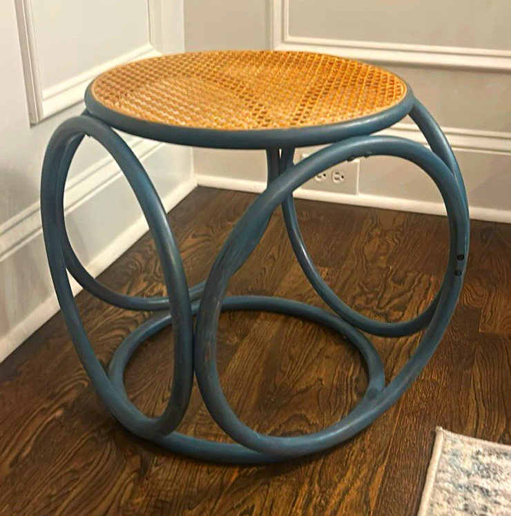 Vintage Thonet Style Bentwood Loop Stool Mid Century Cane Side Table Blue Boho