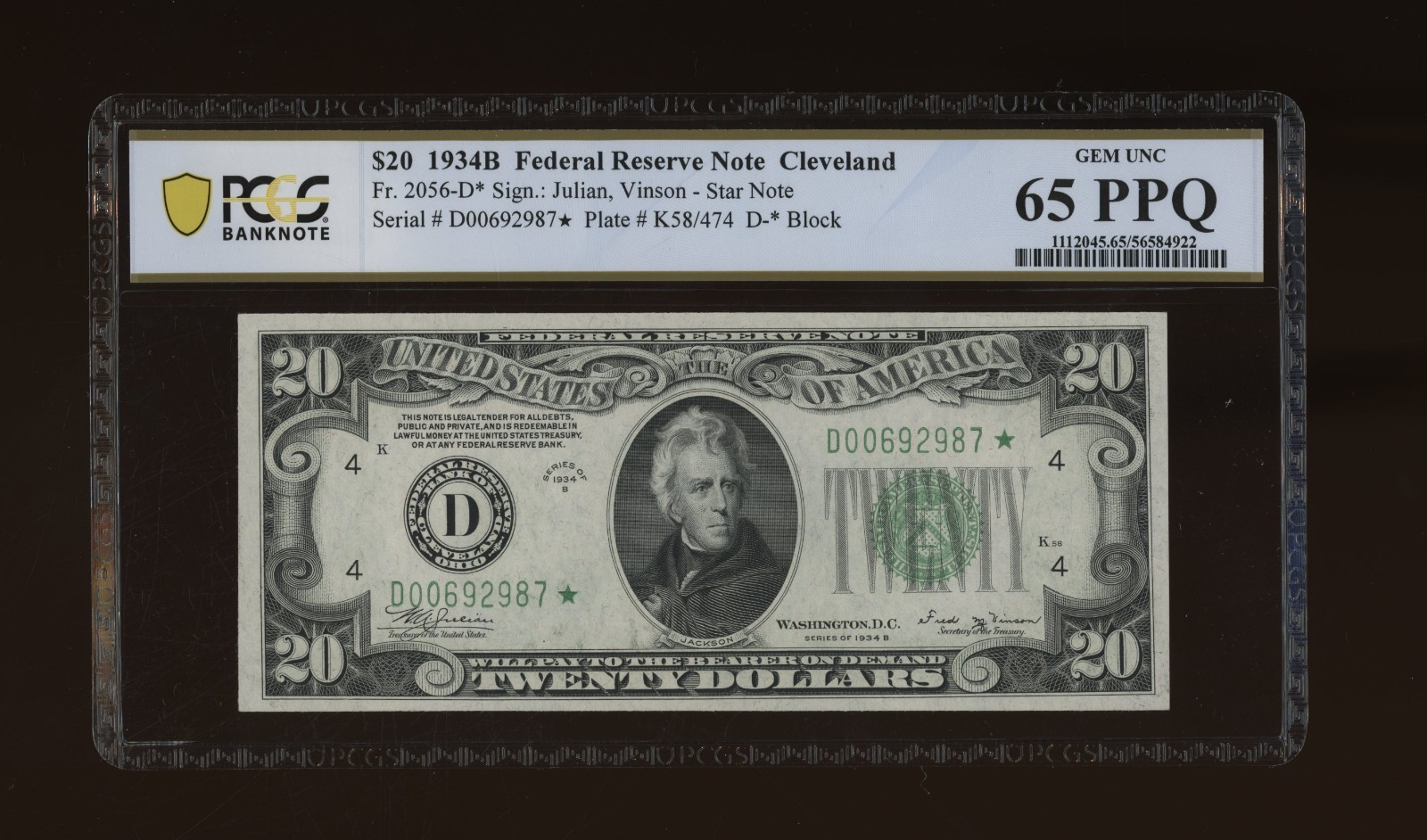 DBR 1934-B $20 FRN Cleveland Vinson STAR Fr. 2056-D* PCGS-B 65 PPQ S# D00692987*