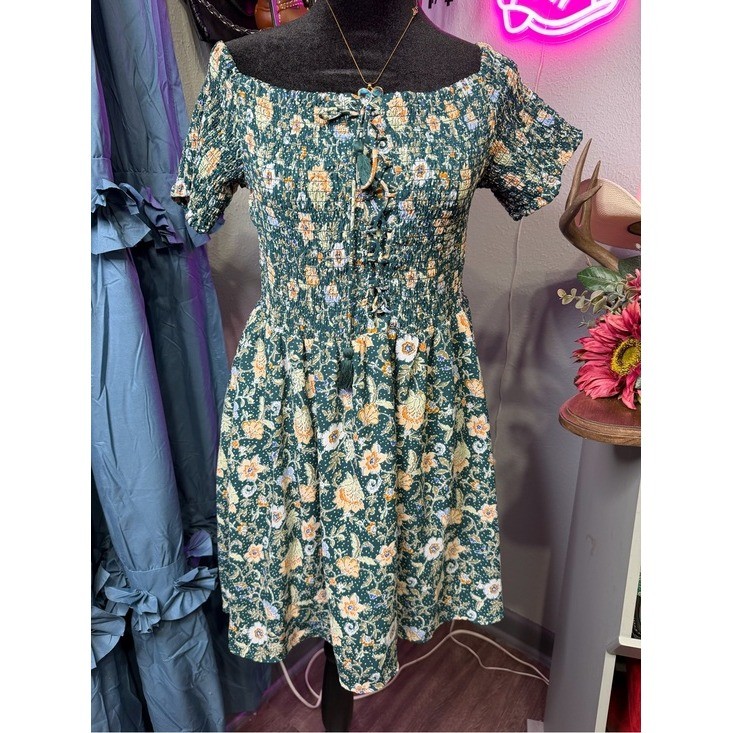 Shyanne Western Mini Dress Large Green Floral Smocked Lace Up Boho
