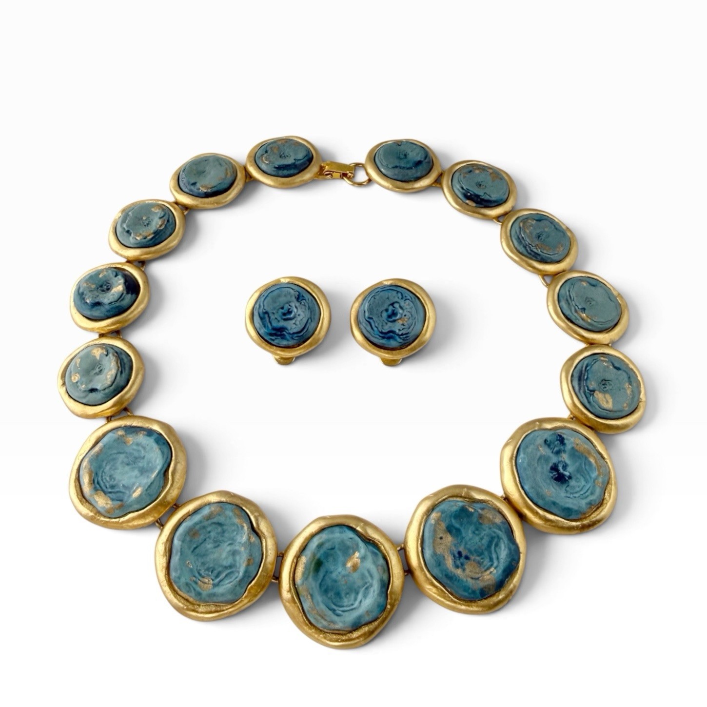 Vintage Etruscan Style Matte Goldtone Blue Enamel Round Necklace Earrings Set