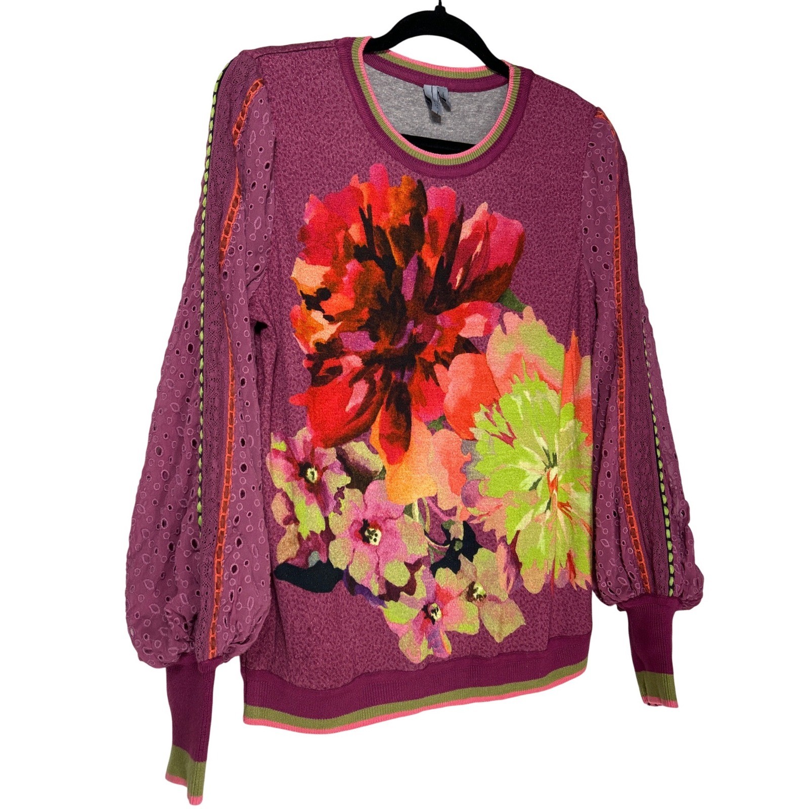 Anthropologie Bl^nk London Abstract Floral Eyelet Puff Sleeve Top Purple Size S Anthropologie Bl^nk London Abstract Floral Eyelet Puff Sleeve Top Purple Size S