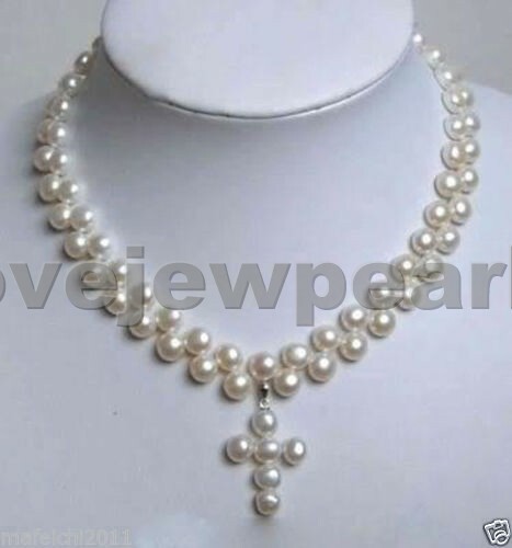 Charming 2 Rows White Akoya freshwater Pearl Cross Pendant Necklace 18