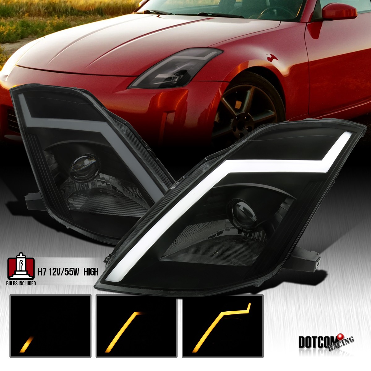 Fit 2003-2005 350Z Z33 Smoke HID Projector Headlights LED Sequential Signal
