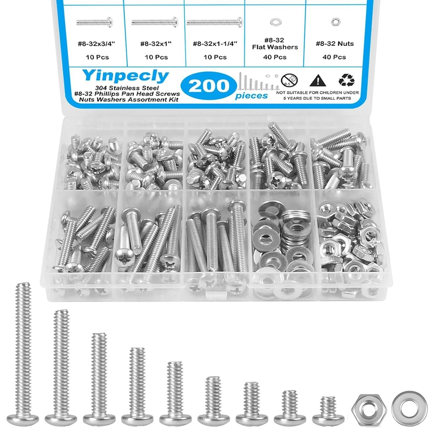 200pcs 8-32 Phillips Pan Head Machine Screws Nuts Washers Assortment Kit,304 ...