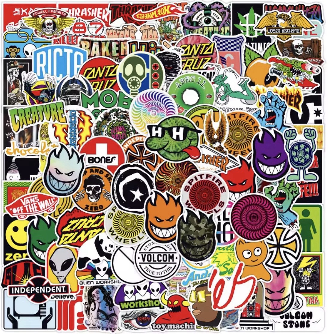 Skate Logo Brand Stickers 50pk Mix Santa Cruz Thrasher Baker Alien Skate Logo Brand Stickers 50pk Mix Santa Cruz Thrasher Baker Alien