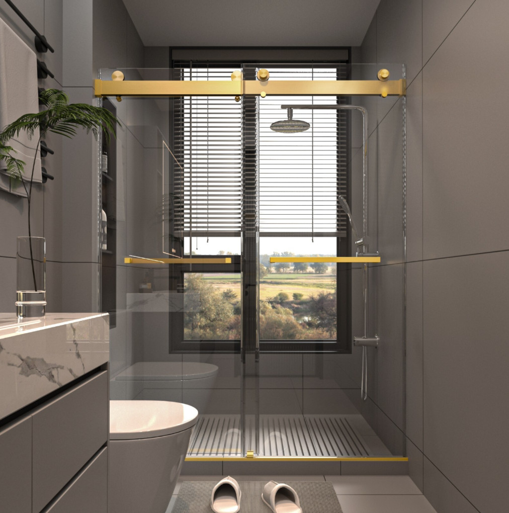 56-60\'\'Wx76\'\'H Brushed Gold Frameless Sliding Shower Door 3/8\