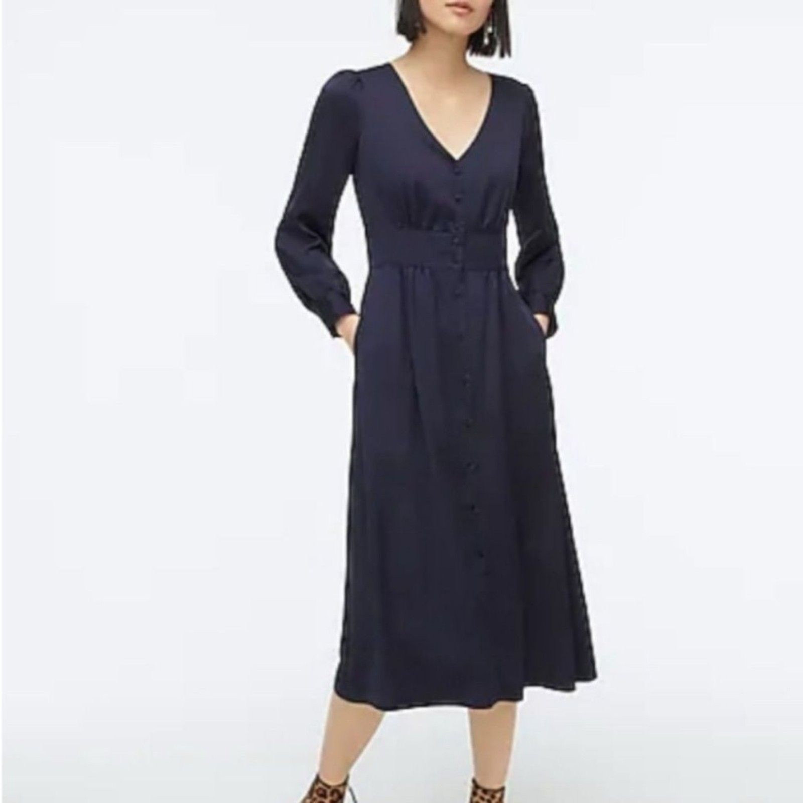 J Crew Satin Long Sleeve Blue Midi Dress Button Front Women\'s 12 Classic Luxury