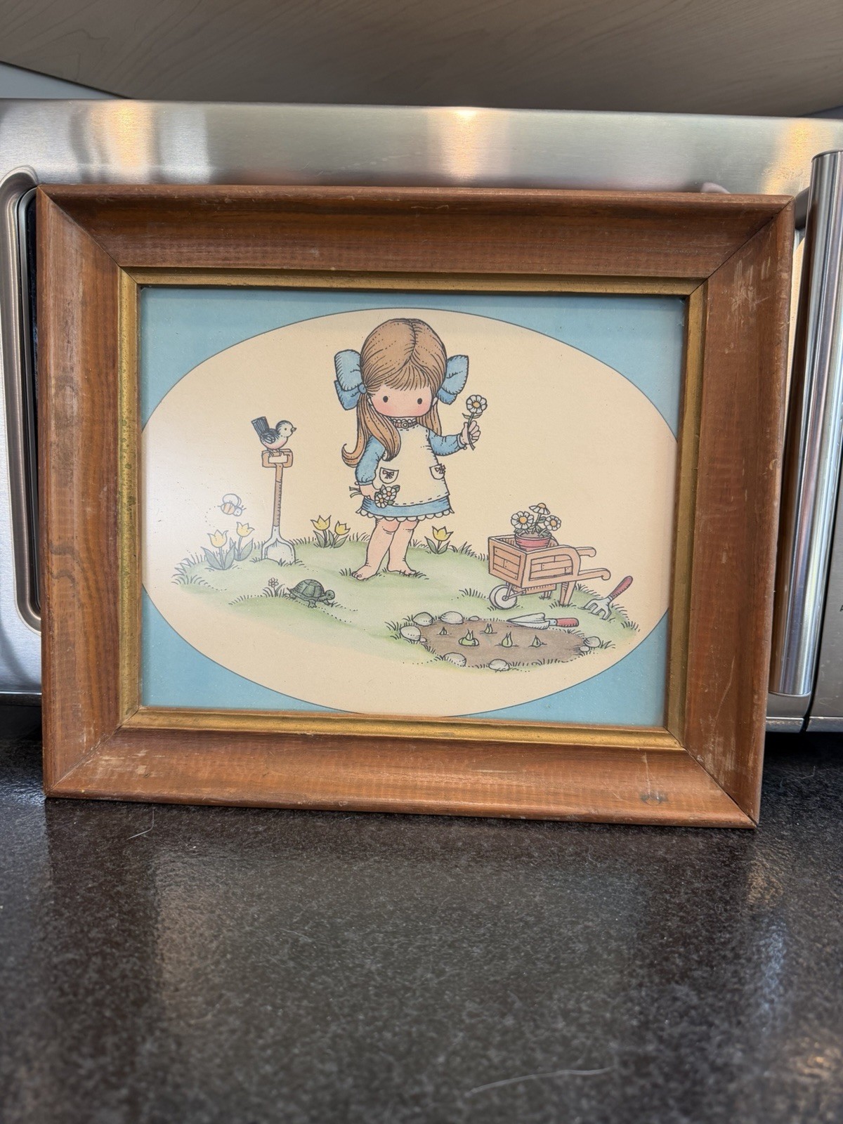Vintage 1970s Framed Nursery Art Girl Gardening Country Cottage Wall Decor