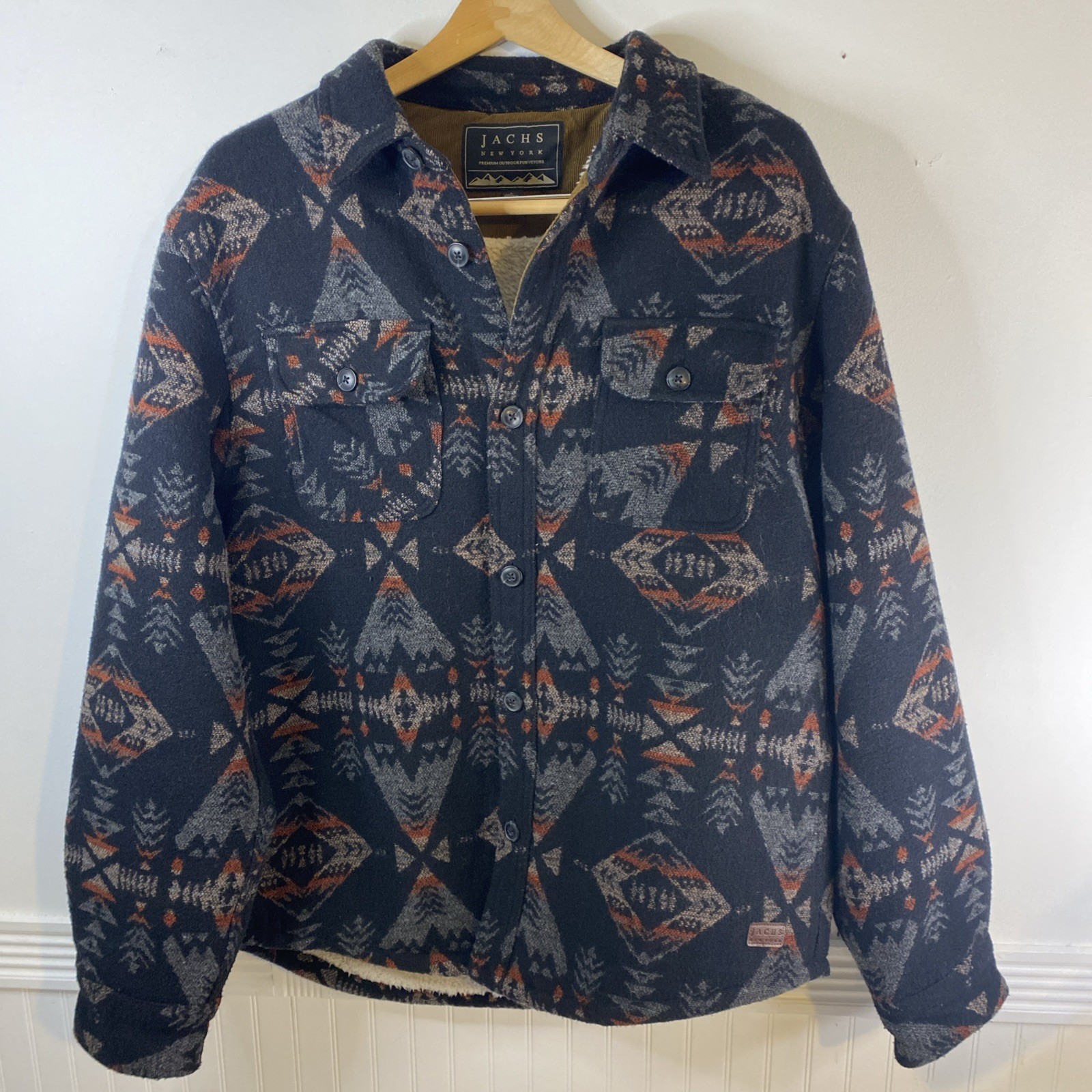 JACHS New York Men’s Shirt Jacket Shacket Large Aztec Sherpa Lined Wool Blend 