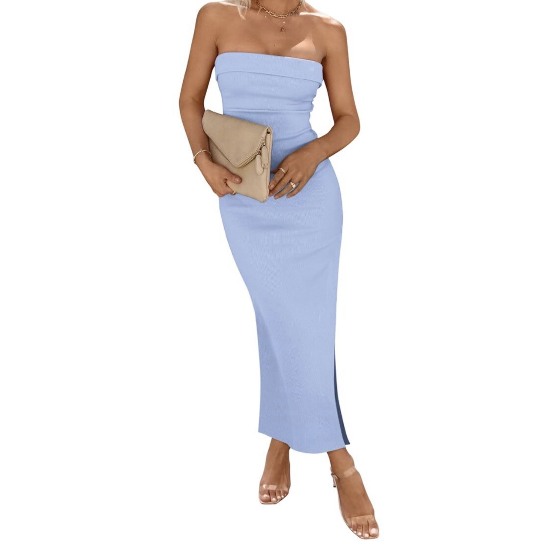 BTBFM Amazon Dress NWT - Womens Blue Maxi Strapless Ribbed Slit Dress Large BTBFM Amazon Dress NWT - Womens Blue Maxi Strapless Ribbed Slit Dress Large