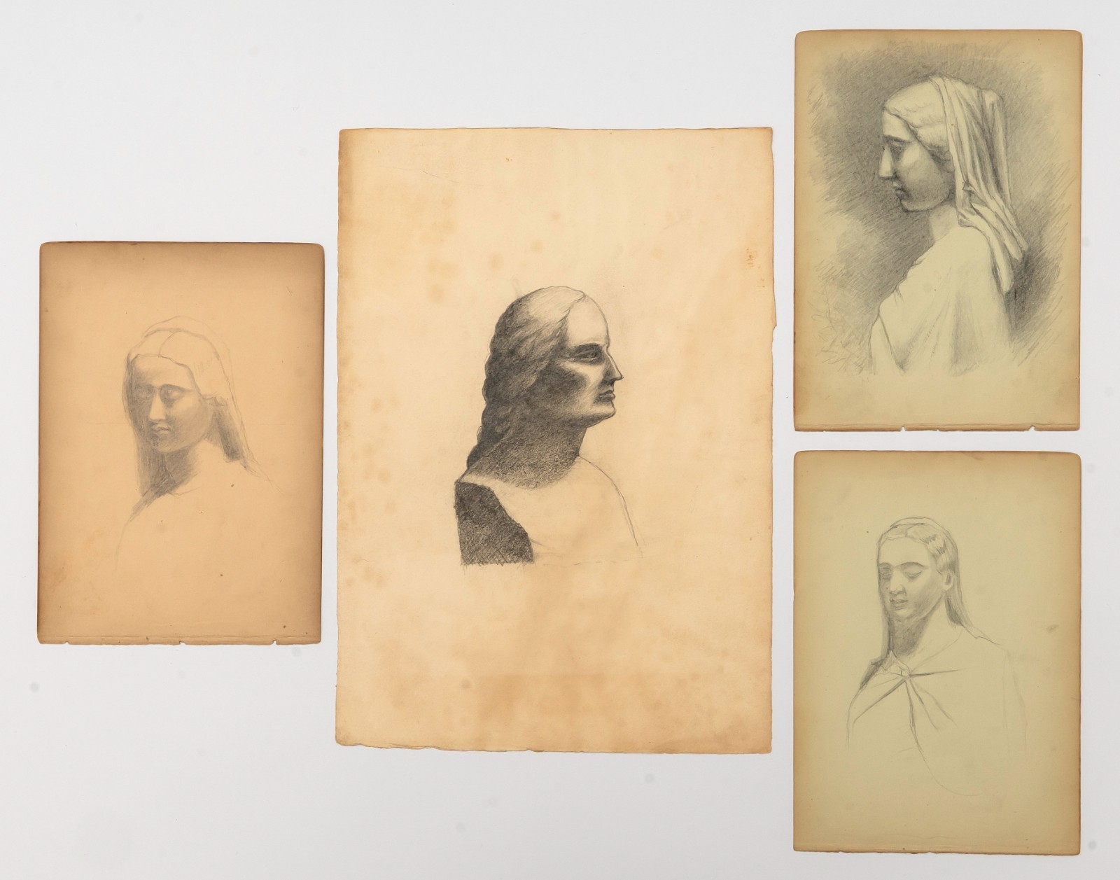 Antique Original 1880's Pencil Drawings, Figure Studies, Women in Profile