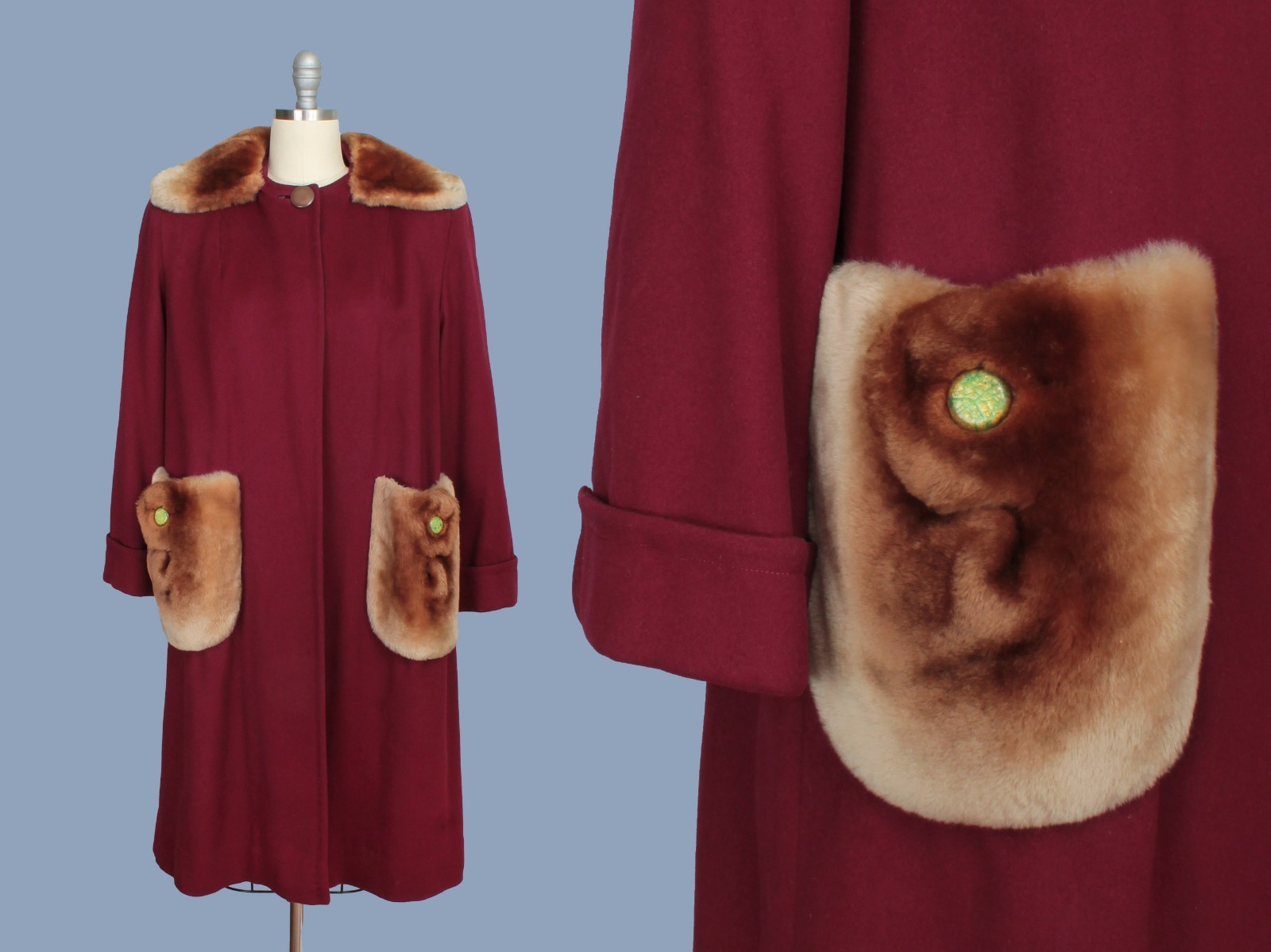 1940s Coat / 40s Ombre Mouton Fur Pocket Coat / Burgundy Red Wool / L XL