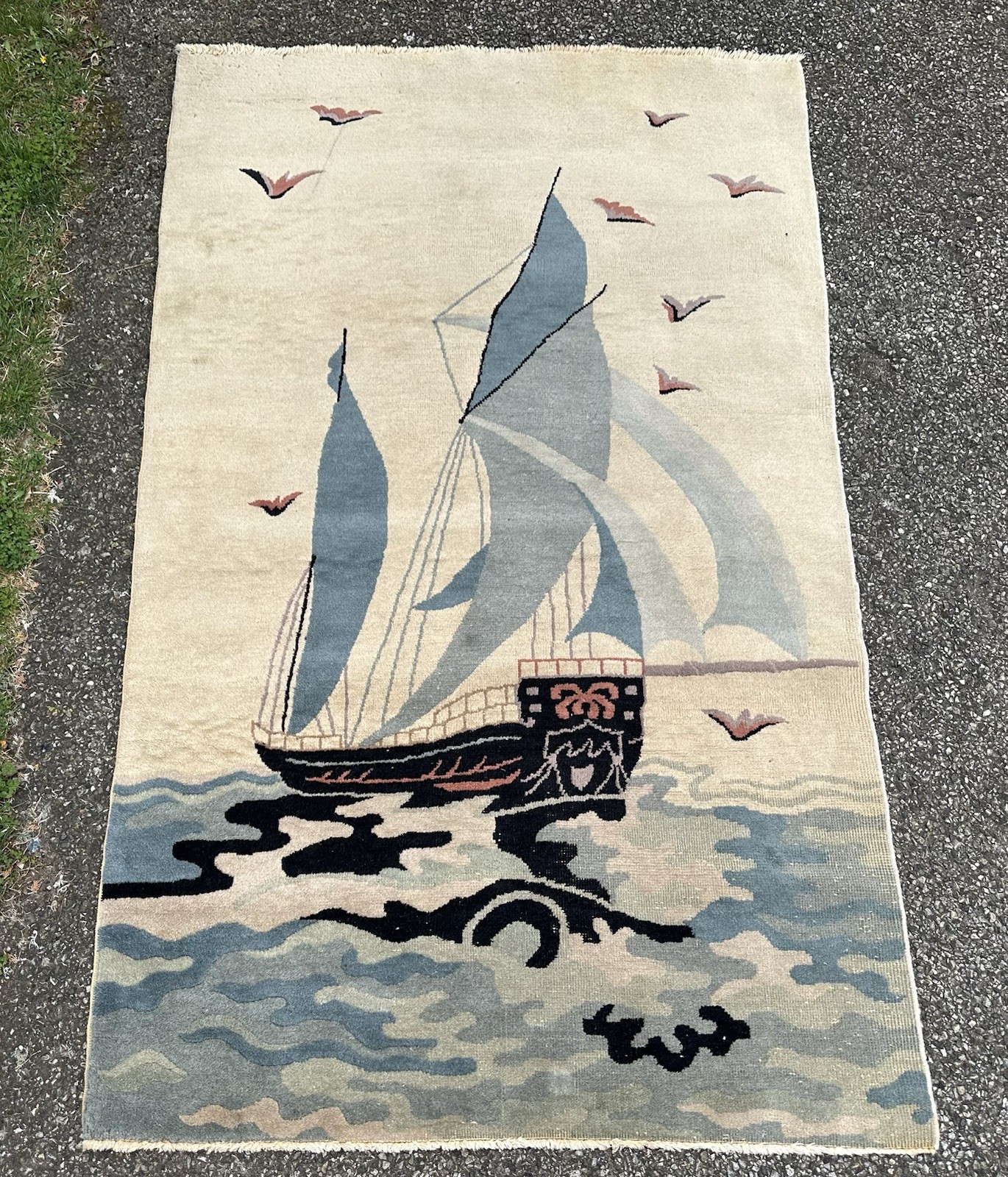 Circa 1920s ANTIQUE ART DECO CHINESE NICHOLS NAUTICAL RUG 4x6.11