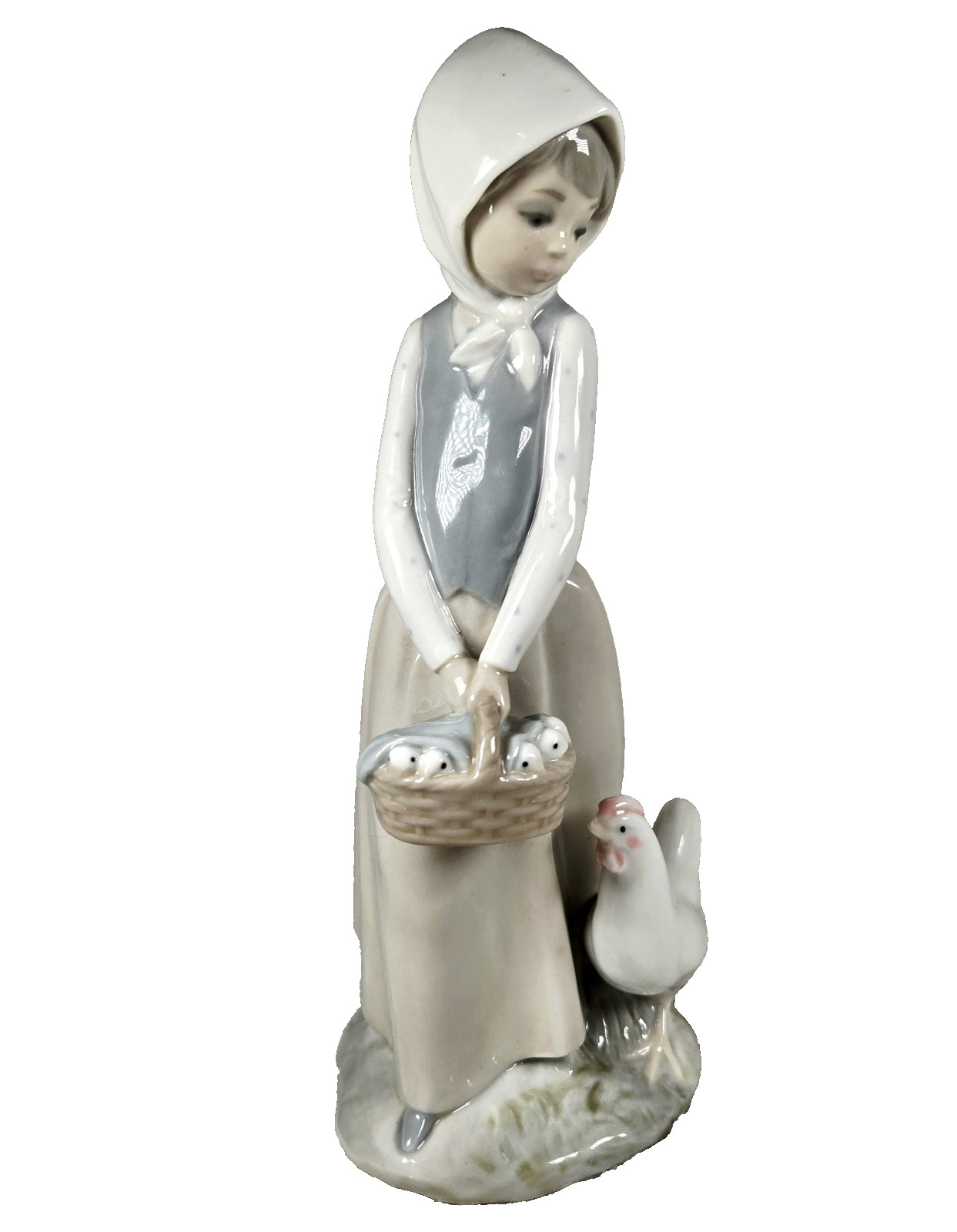 Vintage Zaphir Lladro Porcelain Girl w/Hen & Chicks in Basket Spain 8.5 Vintage Zaphir Lladro Porcelain Girl w/Hen & Chicks in Basket Spain 8.5