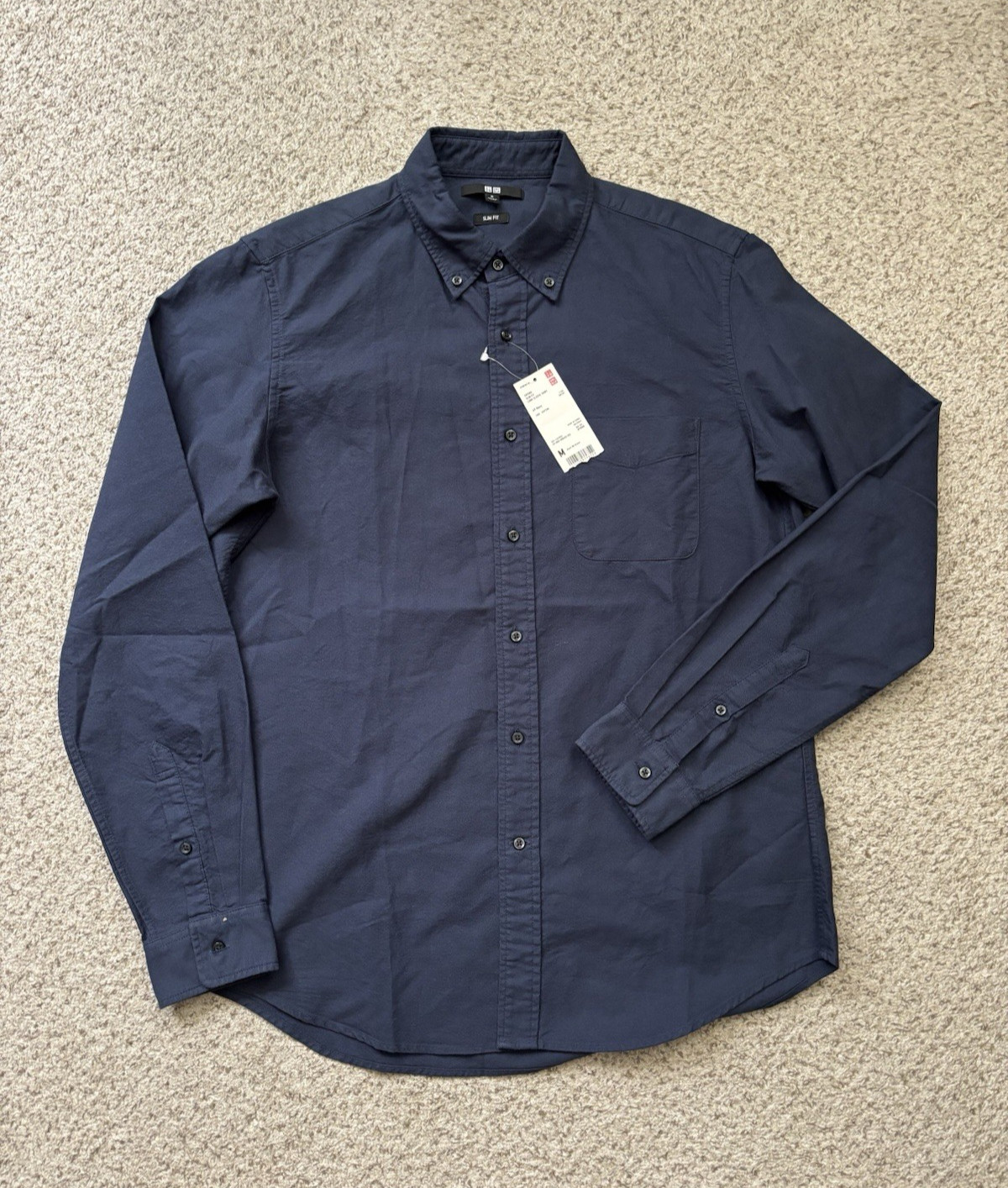 NEW Uniqlo Shirt Mens Size Medium Navy Blue Long Sleeve Oxford Button-Down Slim