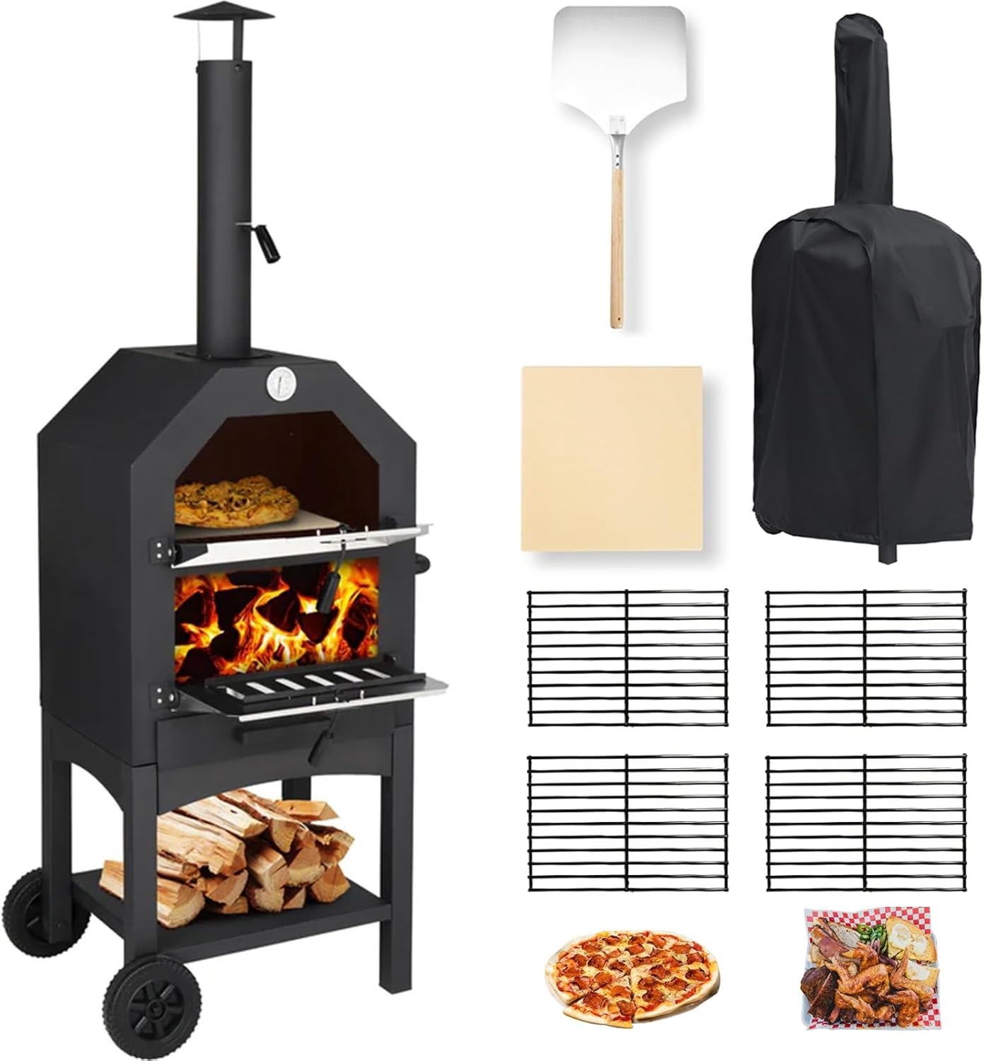 Outdoor Pizza Oven, Wood Fired Portable Pizza Maker with Wheels & Stone Outdoor Pizza Oven, Wood Fired Portable Pizza Maker with Wheels & Stone