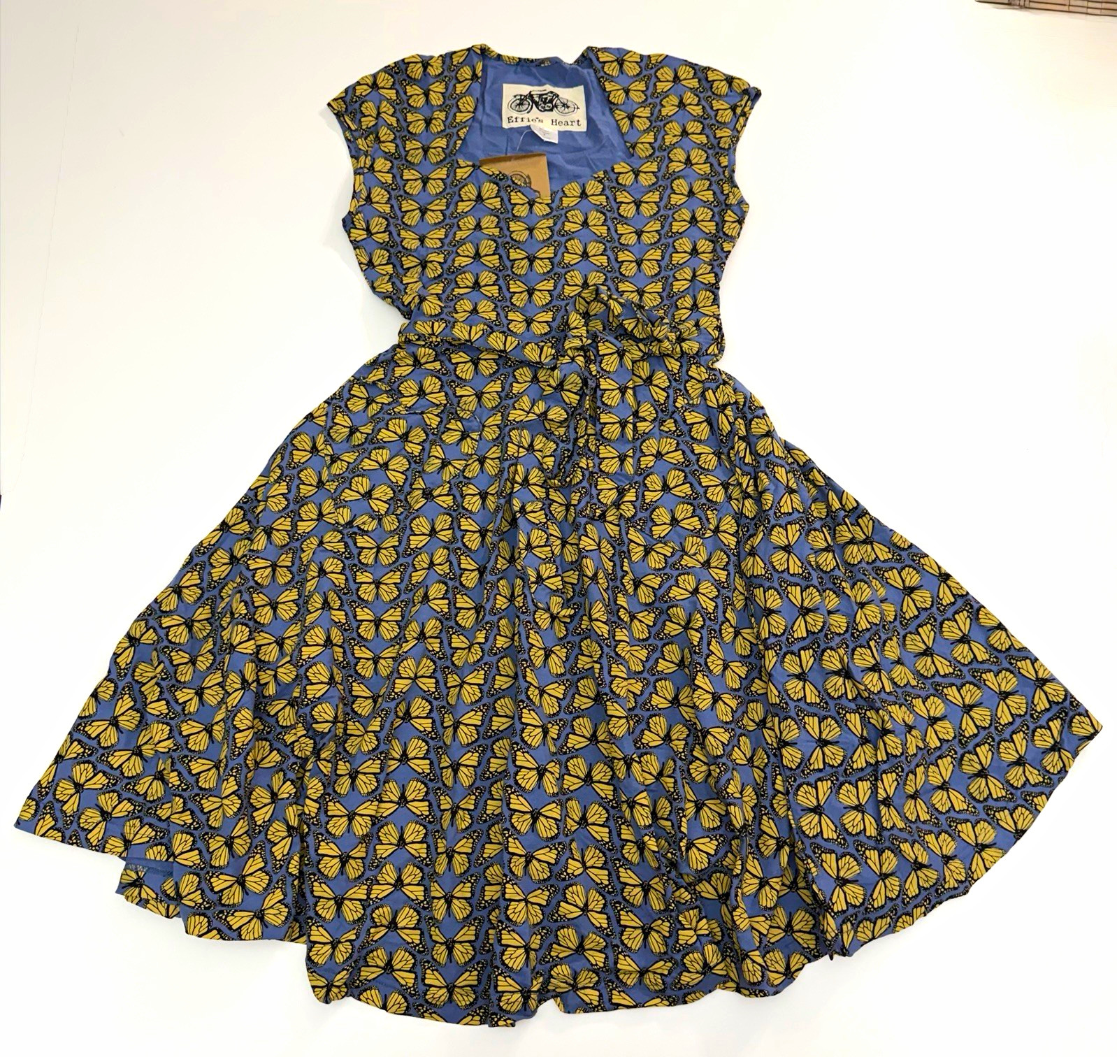 Effie\'s Heart Blue Yellow Butterfly Square Neck Midi Dress Size M
